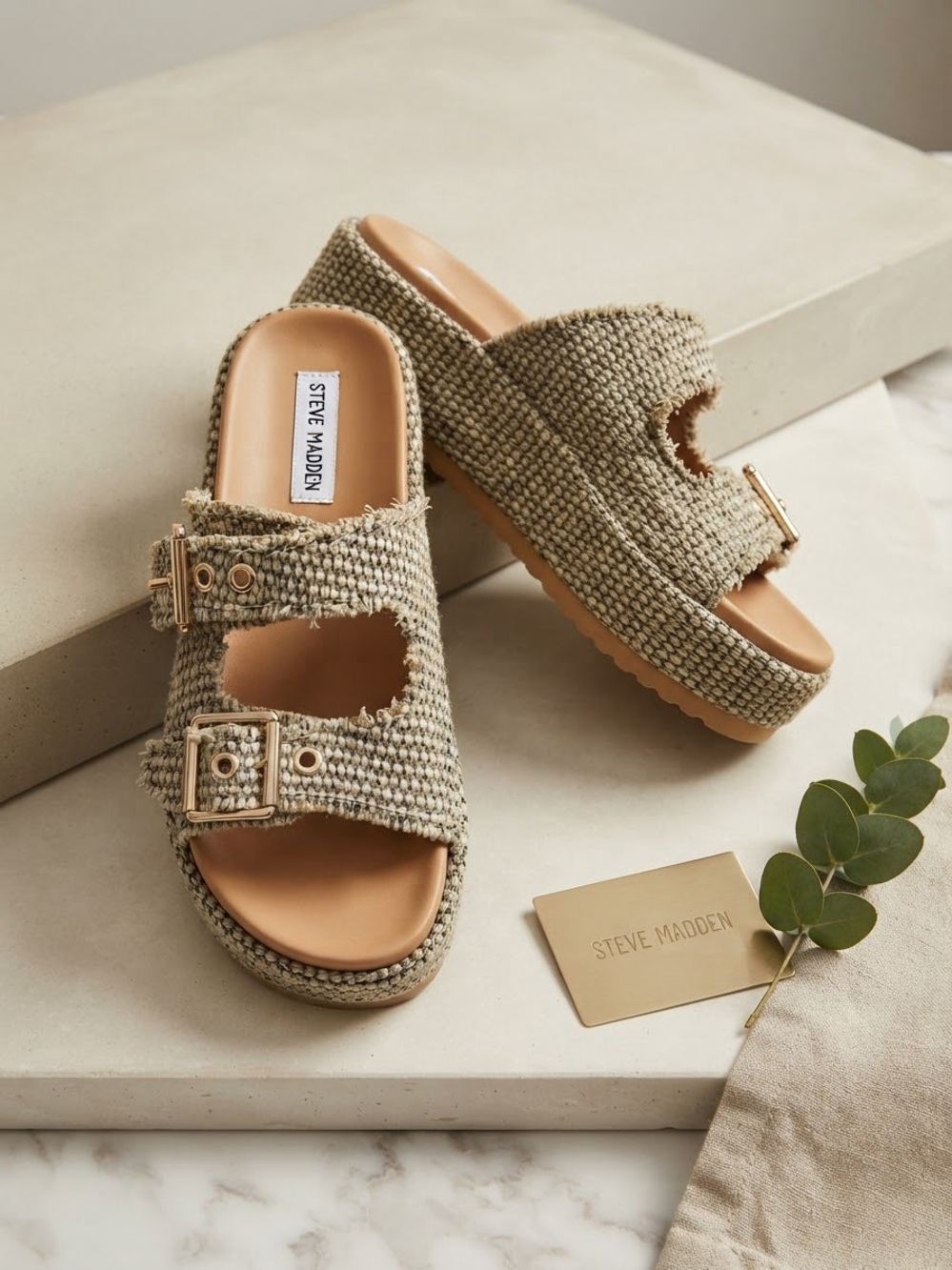 Steve Madden Beige Woven Double-Buckle Platform Mules
